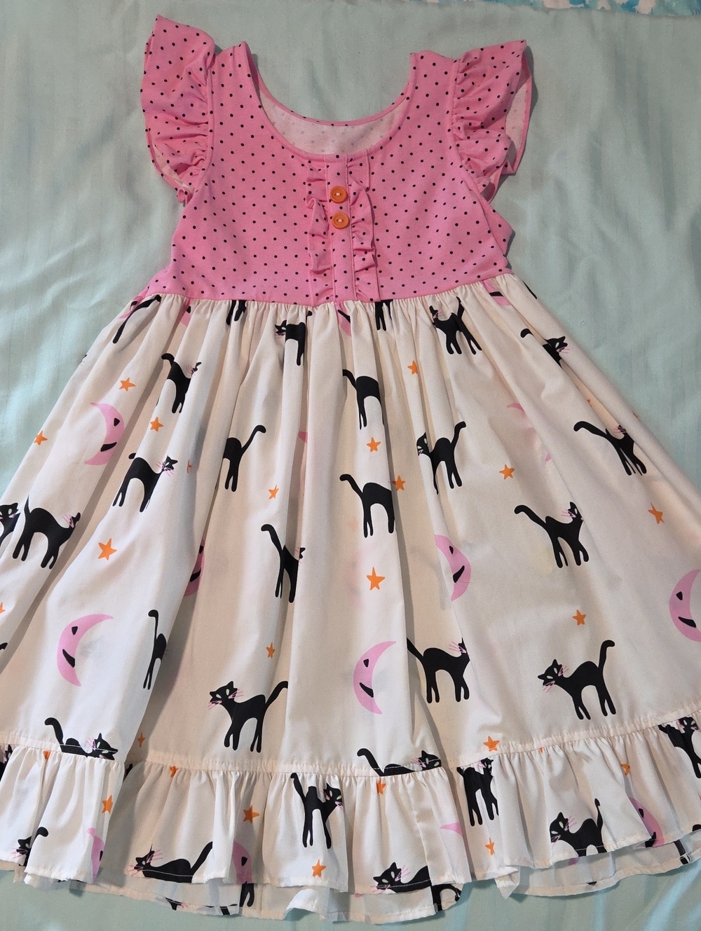 Eleanor Rose Pink & White Cat Print Ruffle Hem Dress